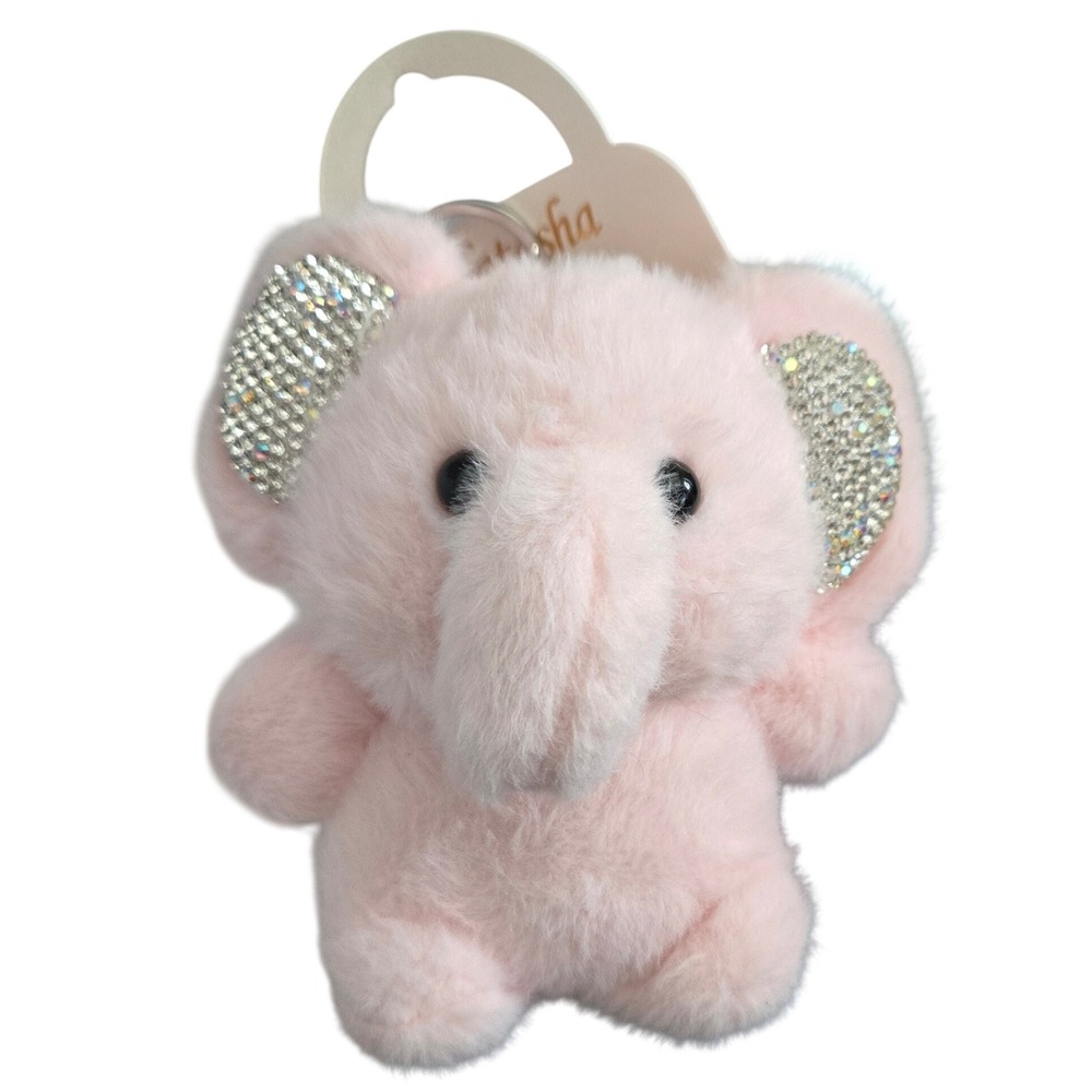Natasha Plush Elephant Keychain Pink New Rhinestone Ear Bag Charm Faux Fur